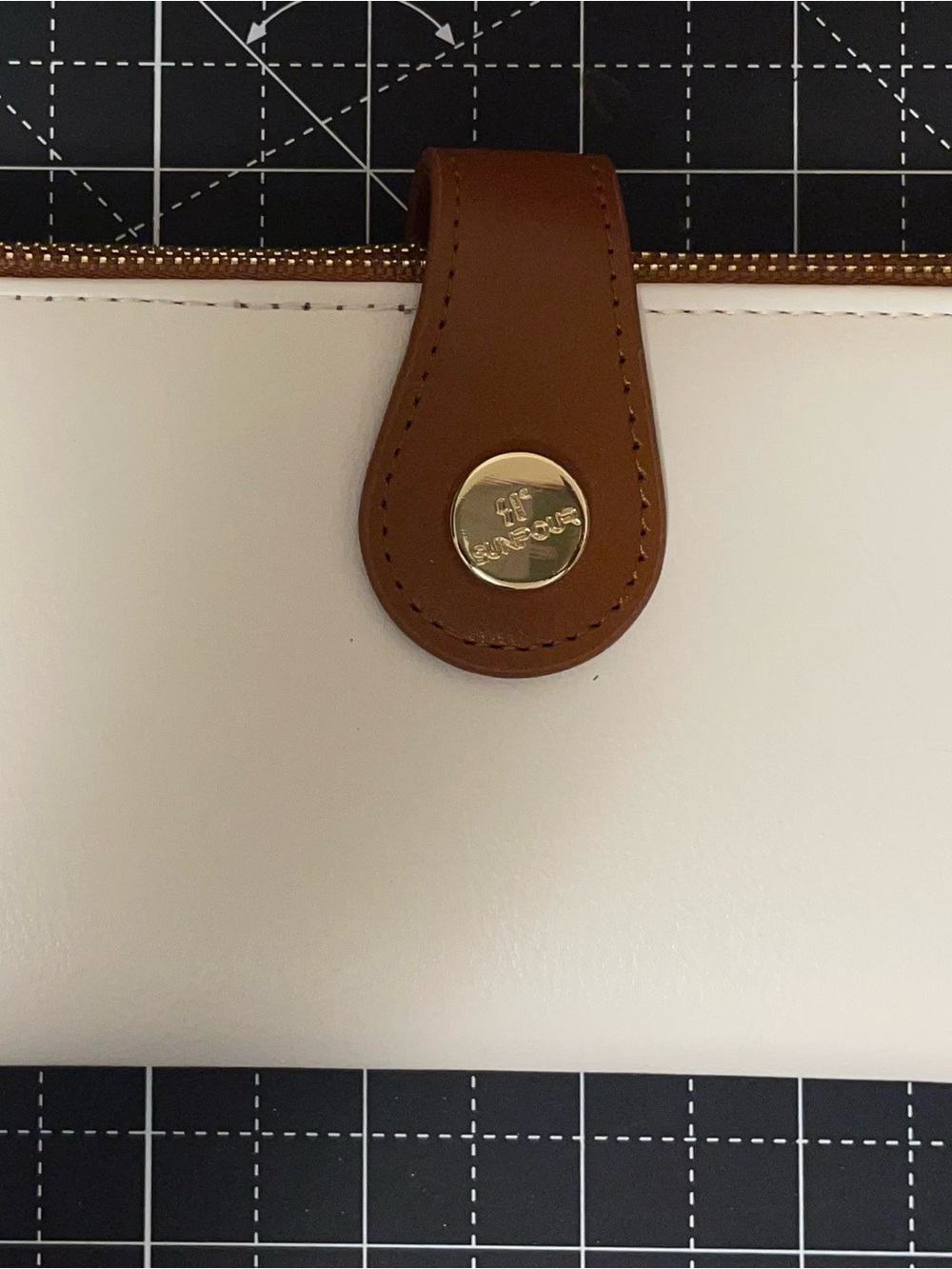 Leather Zip Wallet in White with Brown Tab and Gold Snap